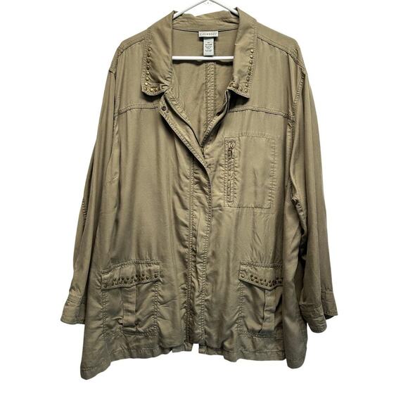 Catherines Women Linen Blend Safari Zip Shacket 2X EUC Eyelet Western Lagenlook - Picture 1 of 8